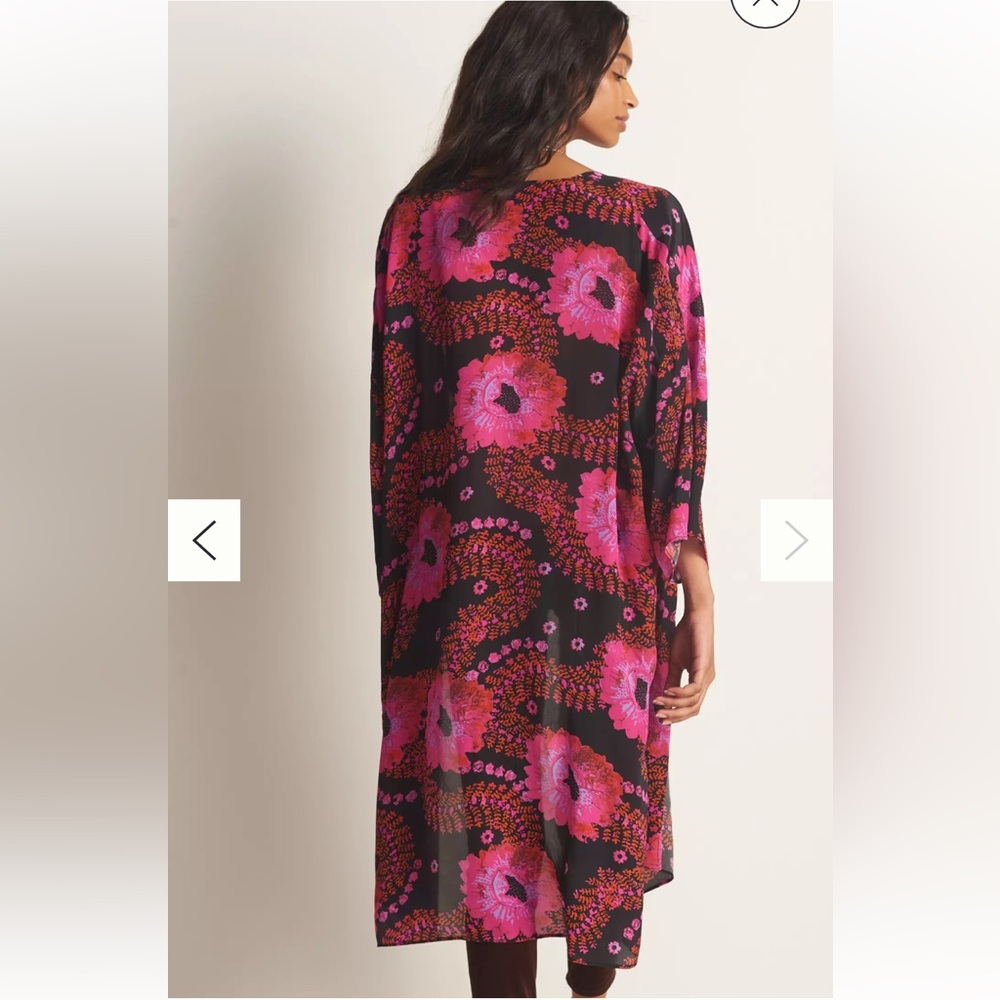 New Anthropologie Amaryllis Duster Kimono Robe Kaftan Pink Black Floral Cover Up - Picture 2 of 9